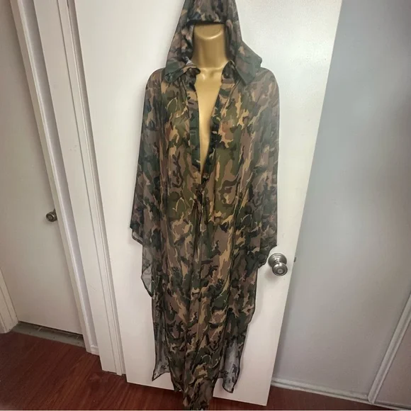 Rough Trade Gear Green Tan Camo Print SheerMesh Oversized Hooded Coverup NWT O/S